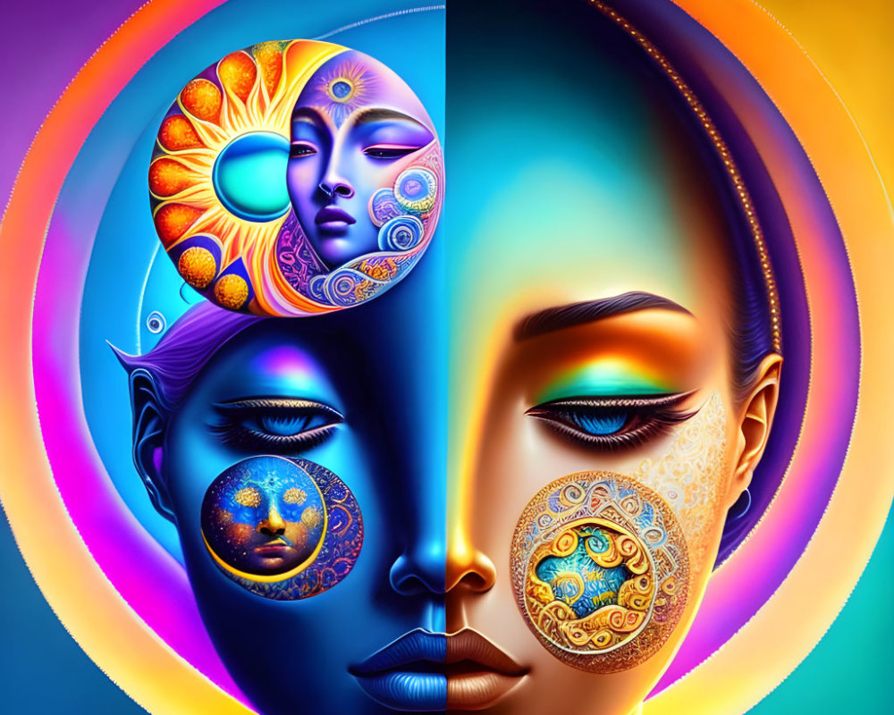 Colorful Digital Artwork Featuring Woman's Face with Sun and Moon Phases