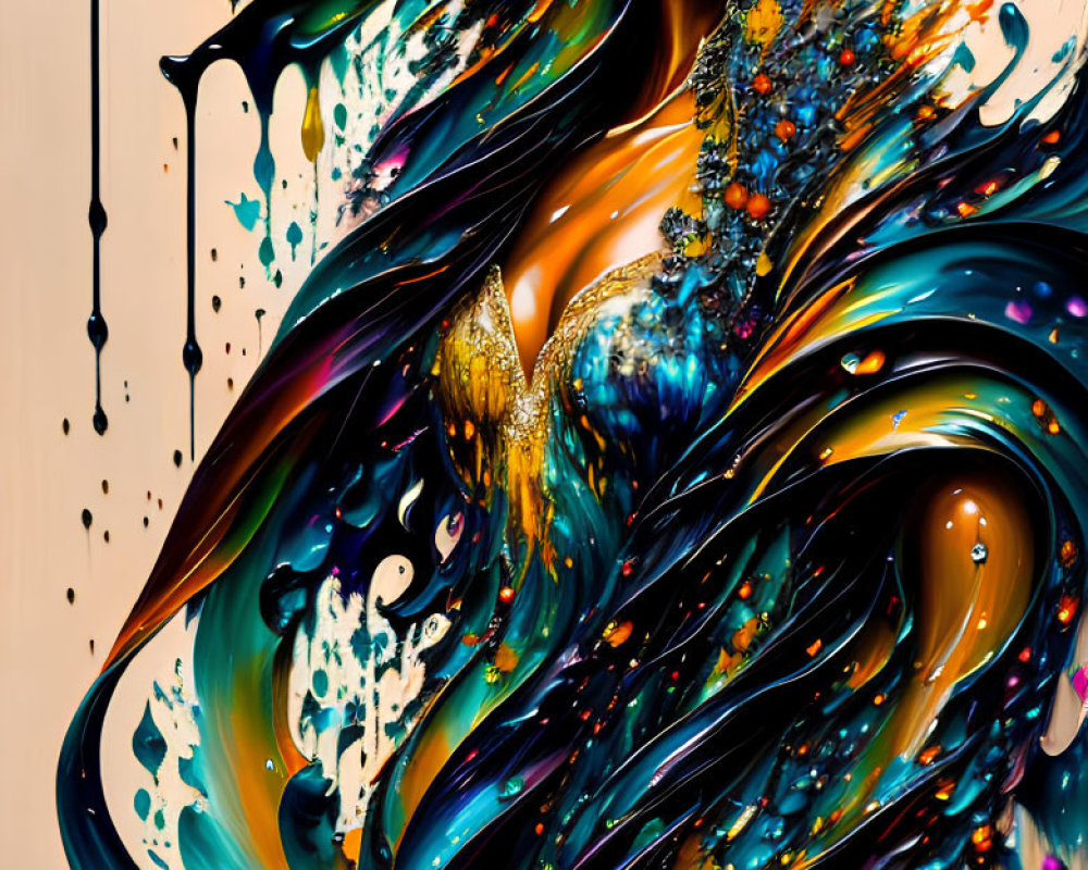 Colorful digital artwork: Woman with flowing hair in vibrant blues, golds, and abstract patterns