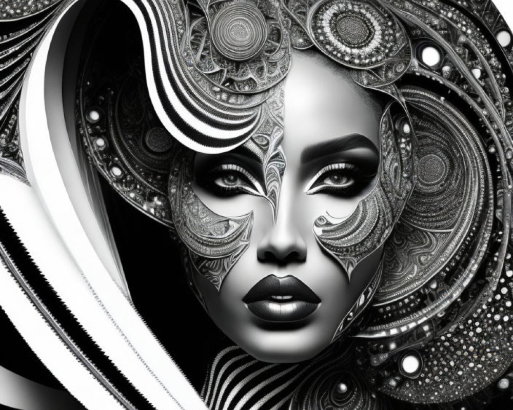 Detailed grayscale digital art of woman with ornamental headgear and facial markings.