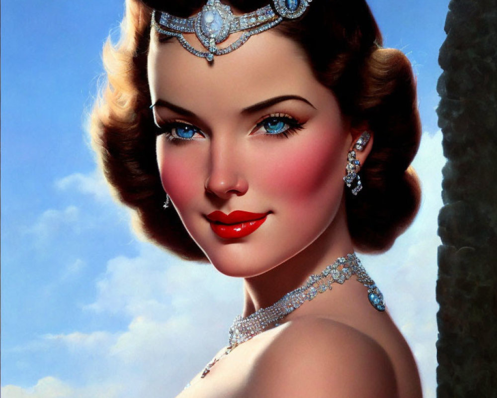 Vintage-style illustration of woman with short styled hair, jeweled headpiece, red lipstick, and subtle