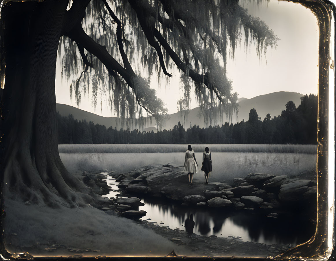 Tranquil stream scene with two individuals under a weeping willow