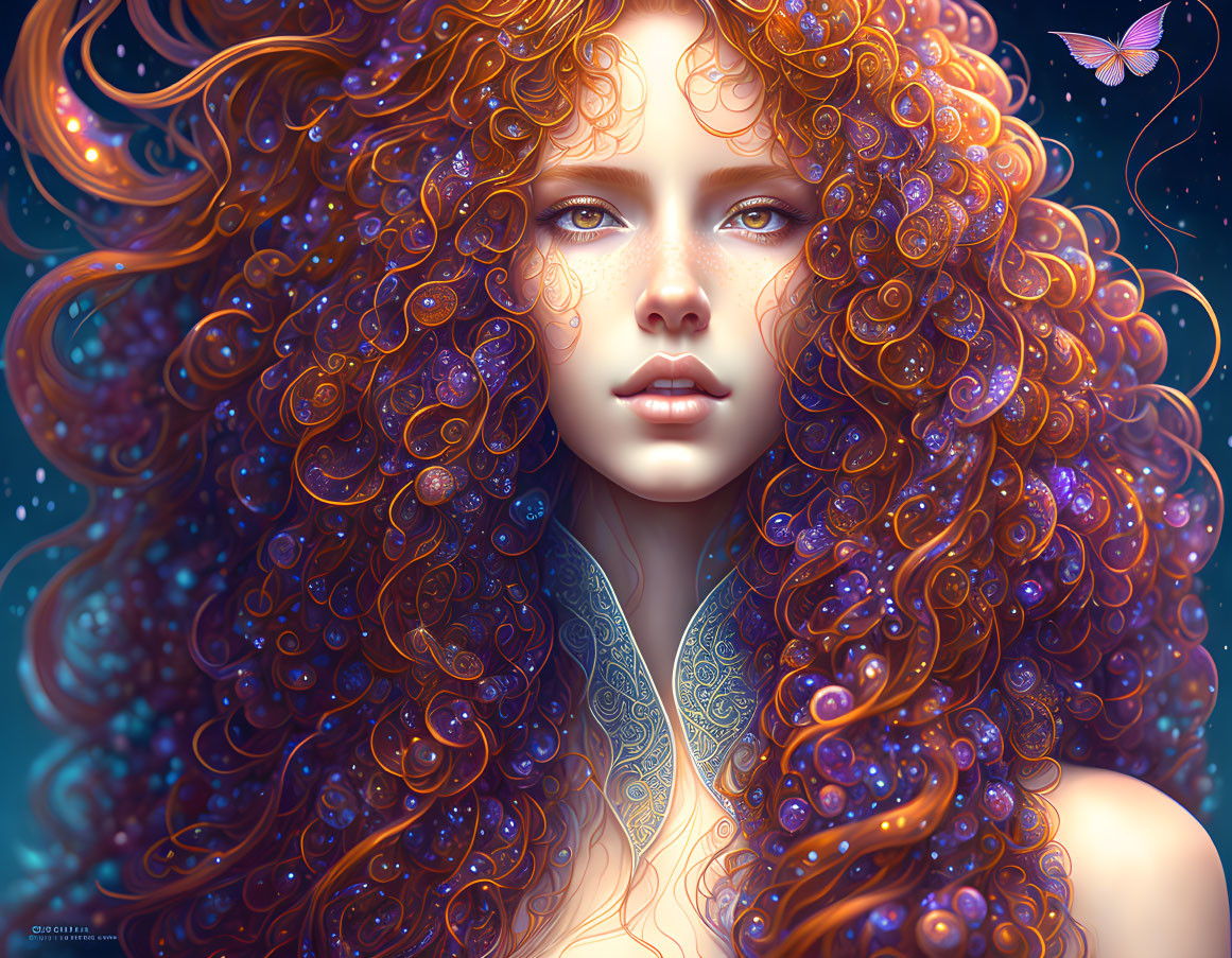 Digital artwork featuring woman with curly red hair and butterfly.