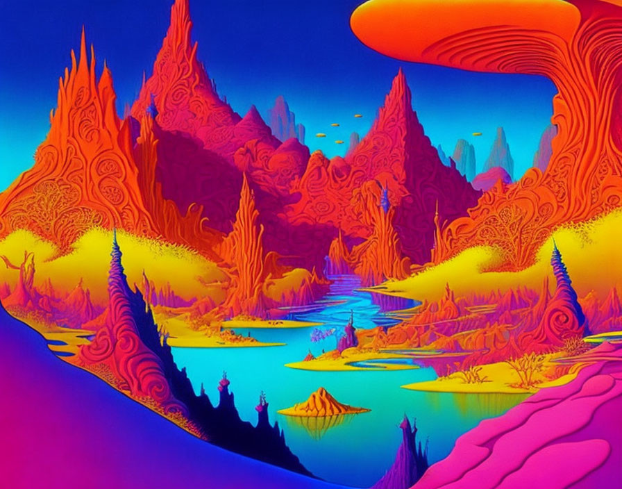 Colorful Psychedelic Landscape with Neon Mountains and Blue River