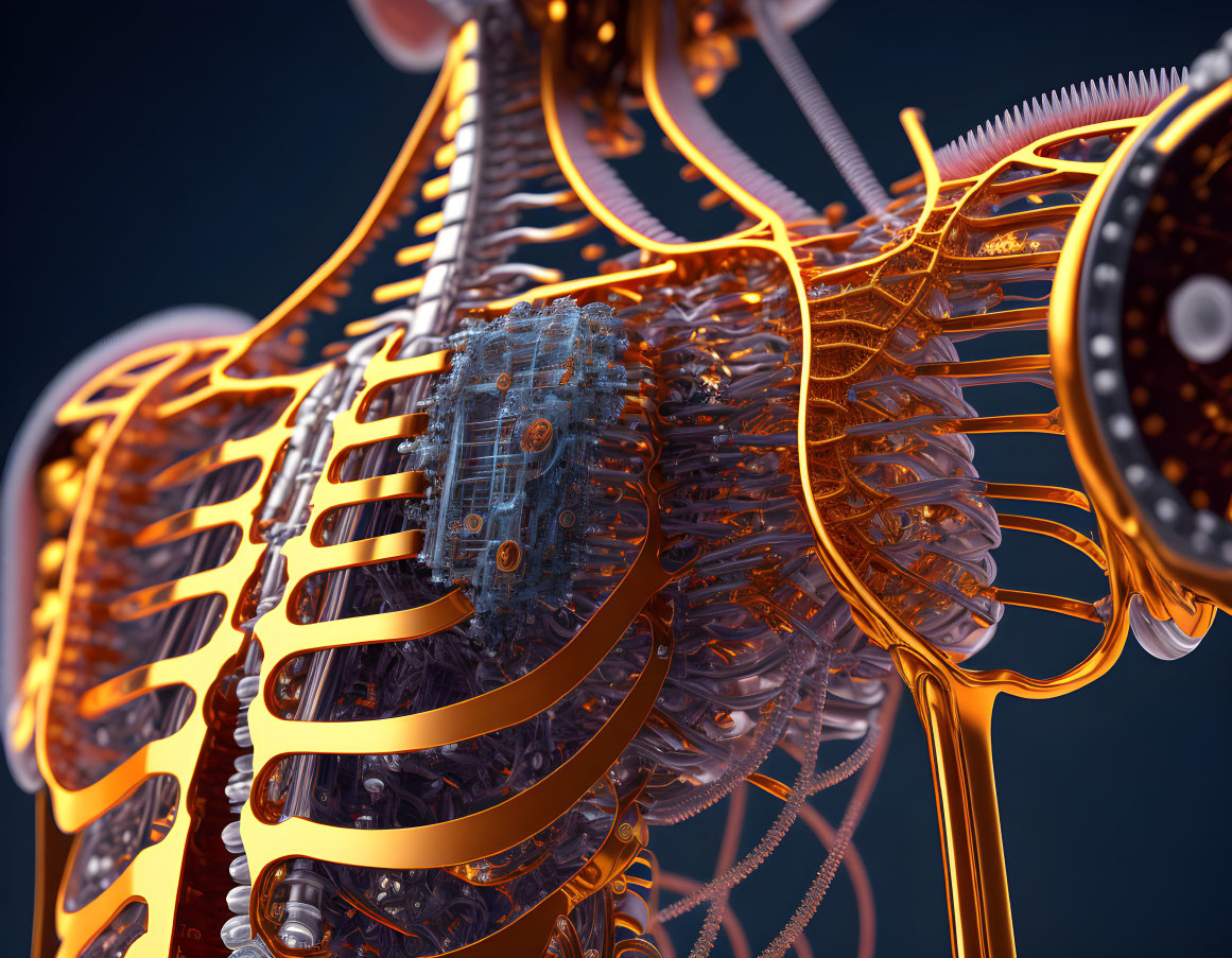 Futuristic biomechanical 3D illustration of complex ribcage structure