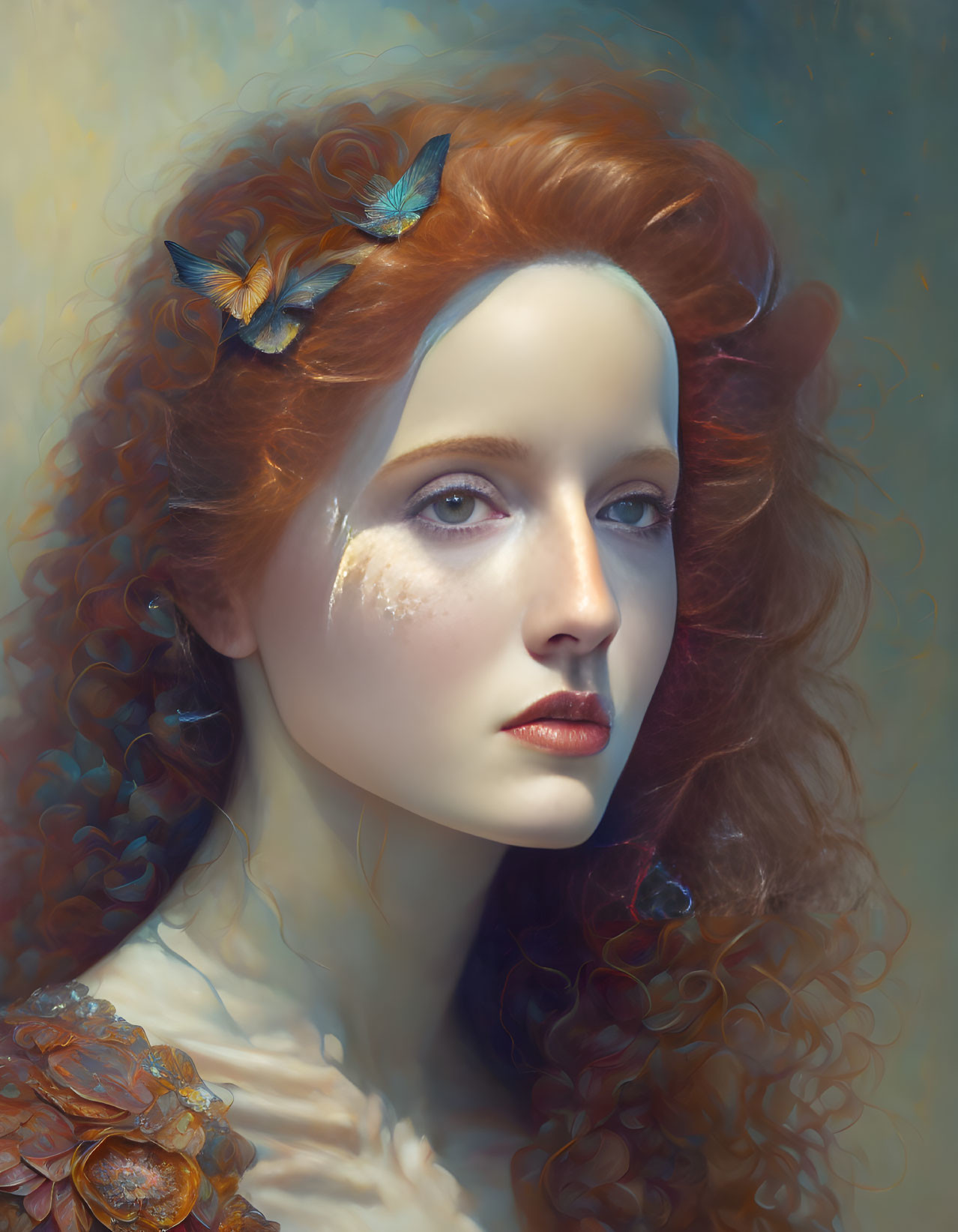 Portrait of Woman with Curly Red Hair, Leaves, Butterflies, Dreamy Expression