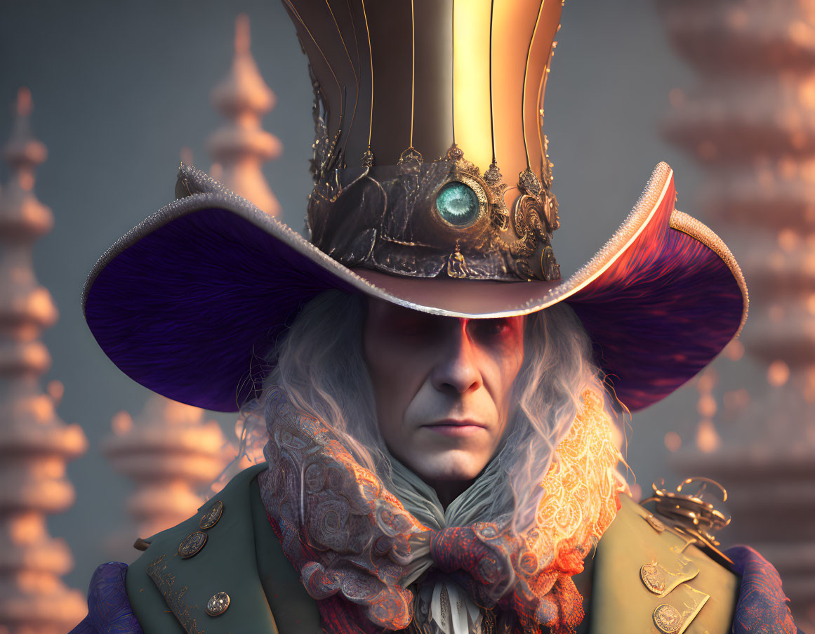 Regal 3D rendering of figure with white hair, golden hat, and ornate coat