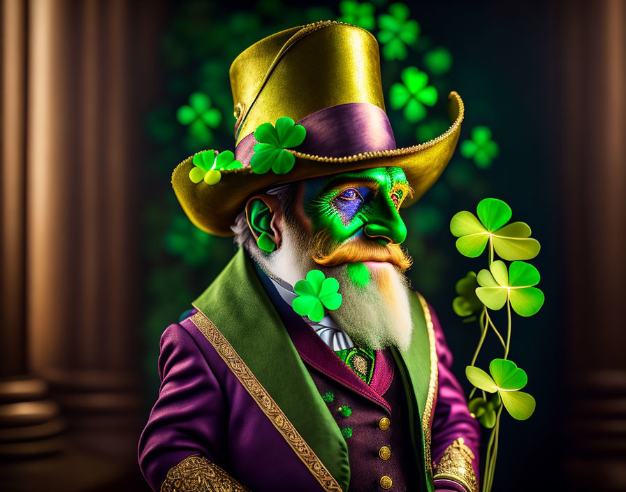 Colorful character with green top hat and clover decorations for St. Patrick's Day