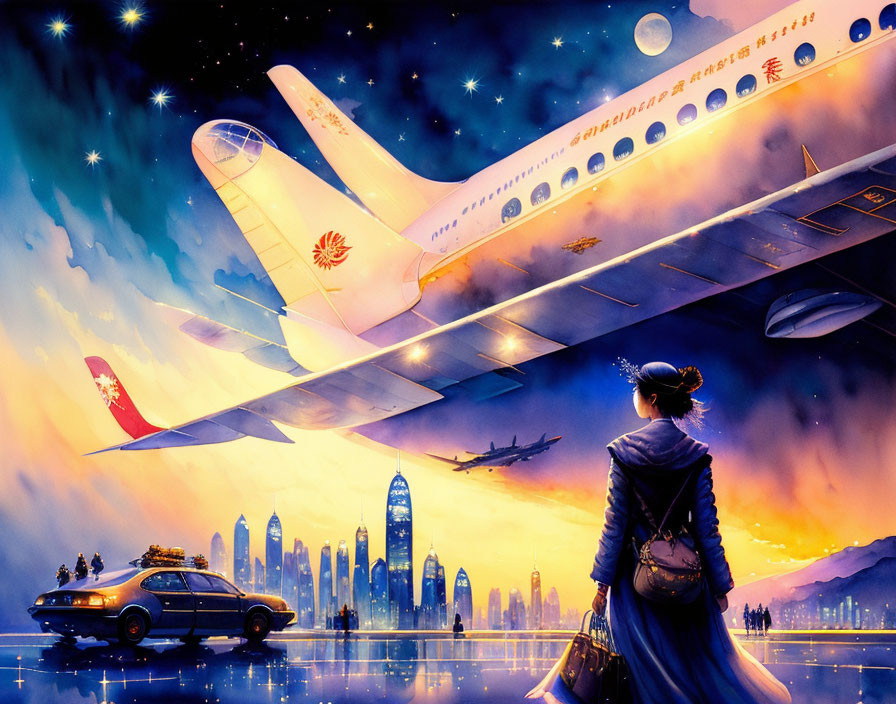 Traditional attire woman gazes at airplane in futuristic cityscape at sunset