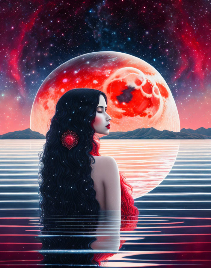 Woman gazing at red moon over striped water under starry sky