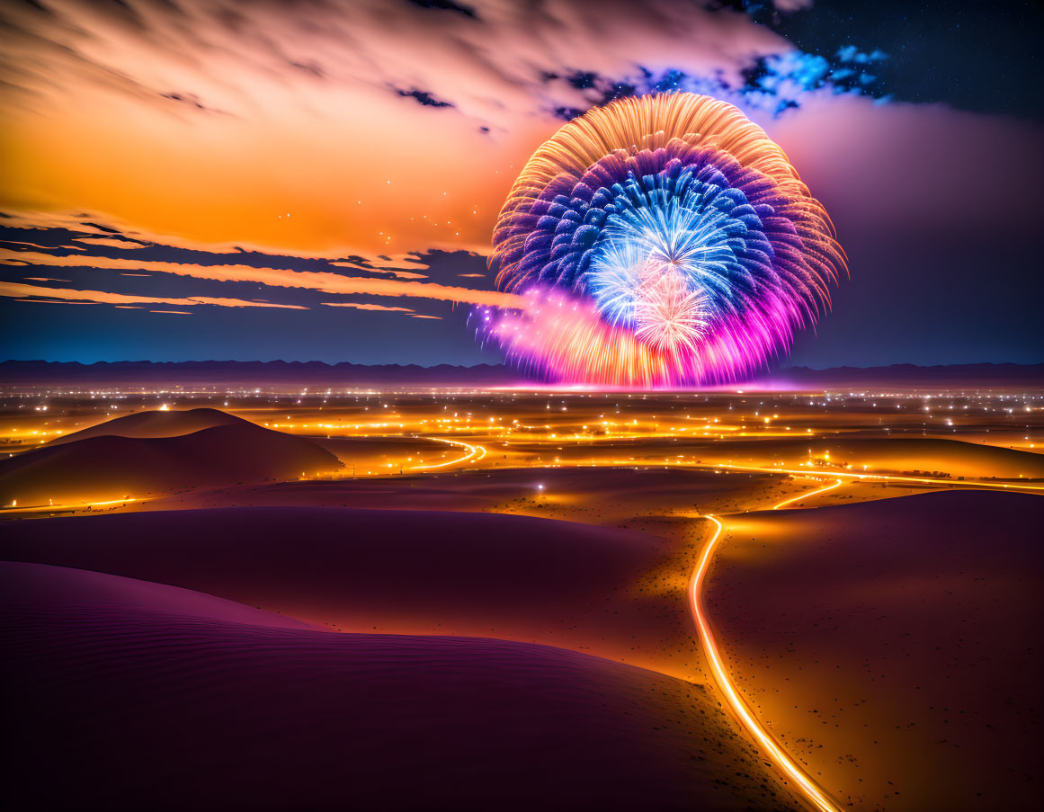 Colorful fireworks over desert night sky with winding road.