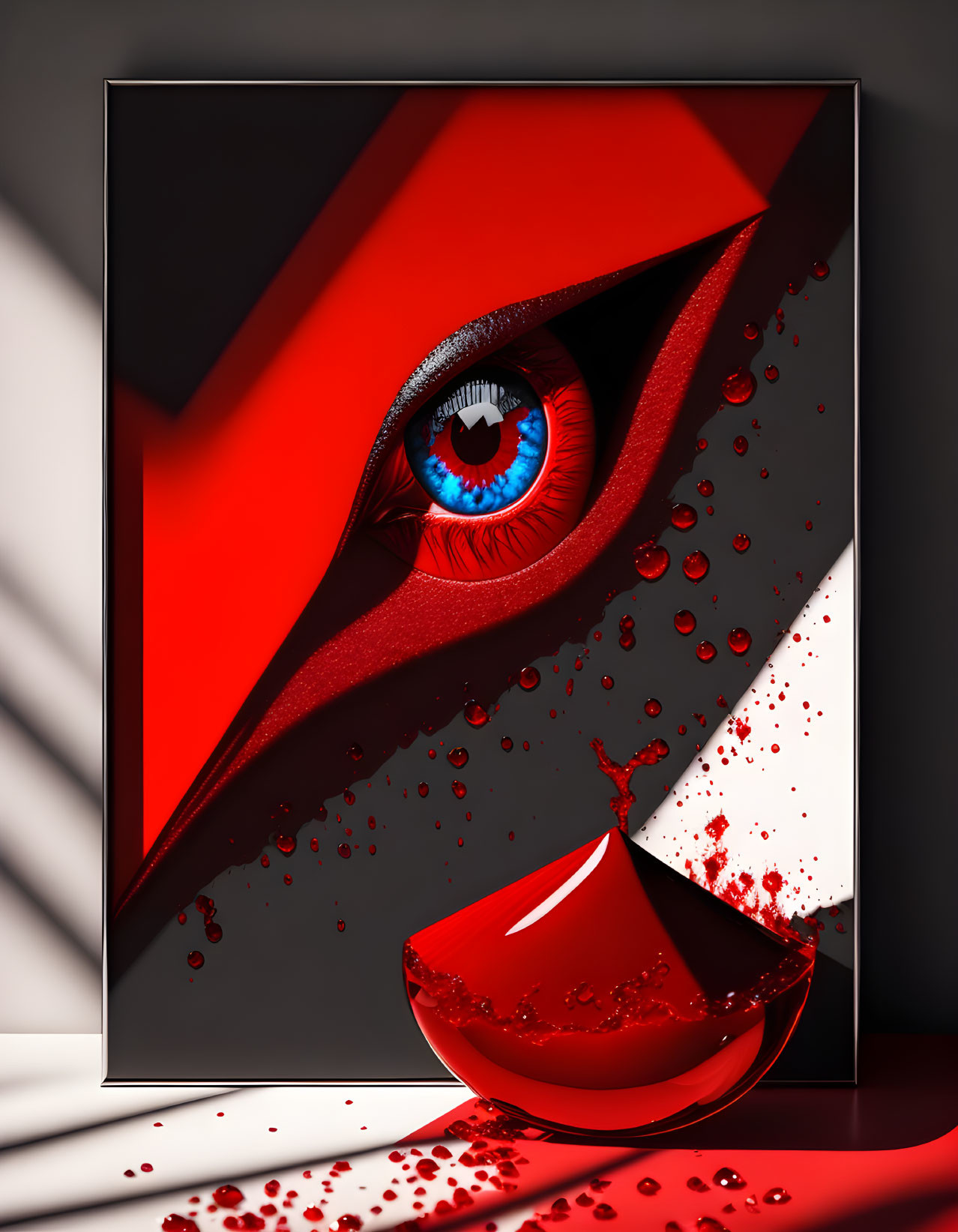 Blue Eye Among Red Geometric Shapes with Blood-Like Splash