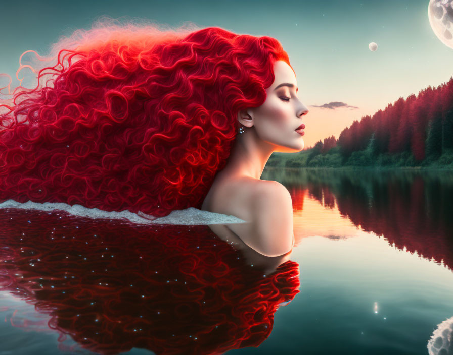 Red-haired woman floating in sunset lake with pine trees and moon.