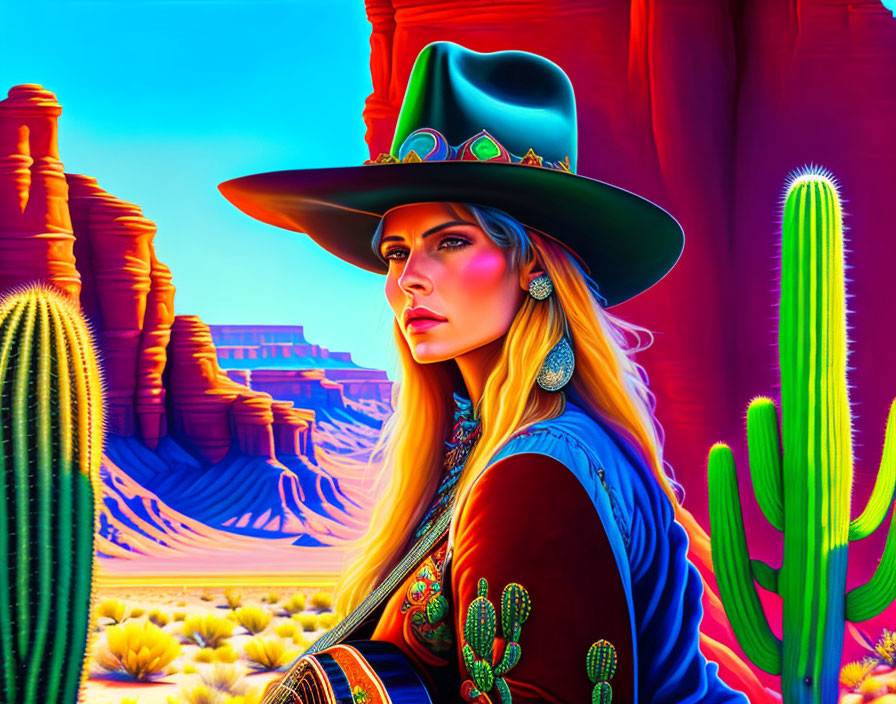 Woman in Cowboy Hat Portrait Against Desert Backdrop