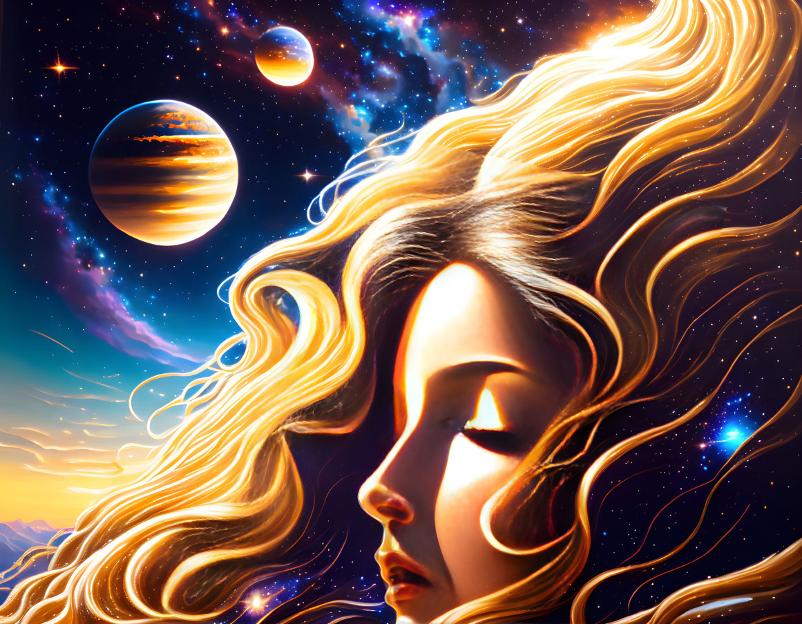 Surreal image: Woman with golden hair blending into cosmic background