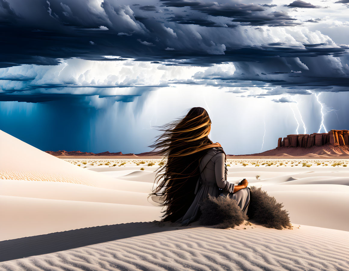 Person sitting on sand dune watching dramatic desert storm