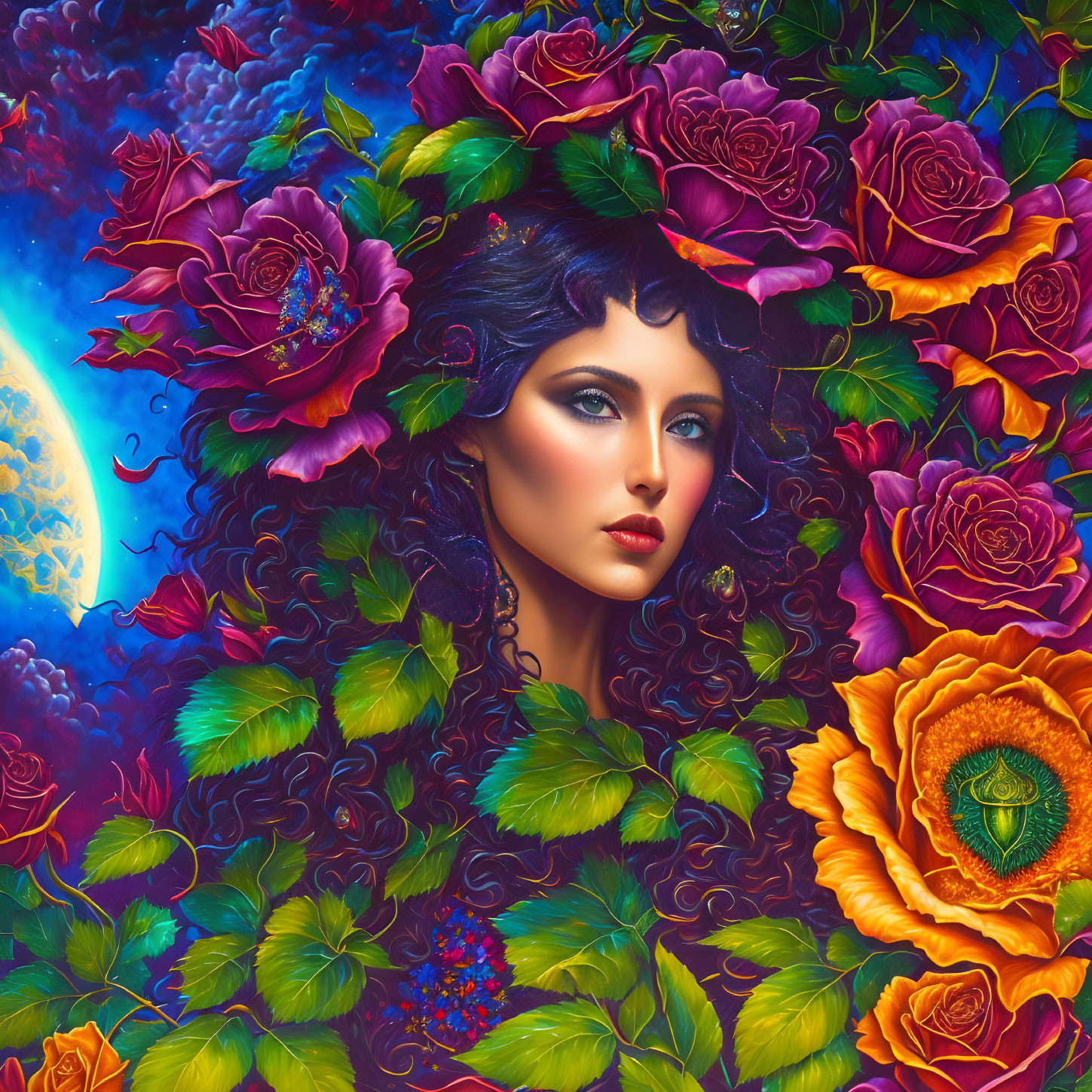 Colorful woman's face with roses, leaves, moon, and eye in flower.