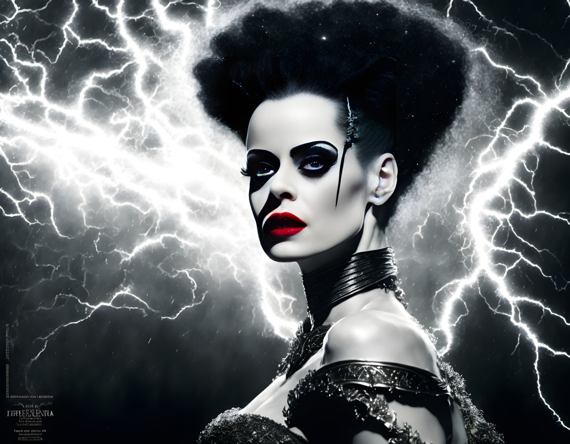 Dramatic makeup and hair portrait with lightning bolts backdrop