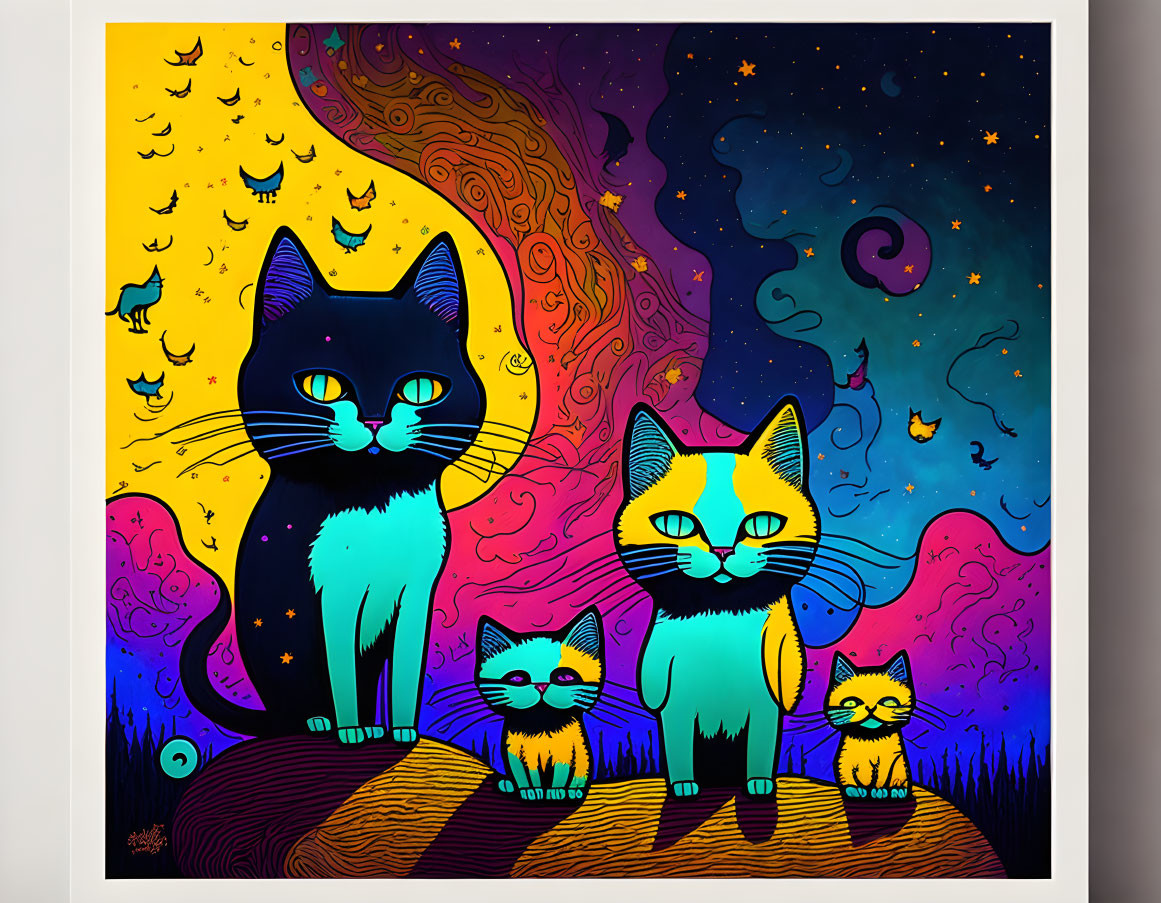 Colorful Stylized Cats in Psychedelic Sky Illustration