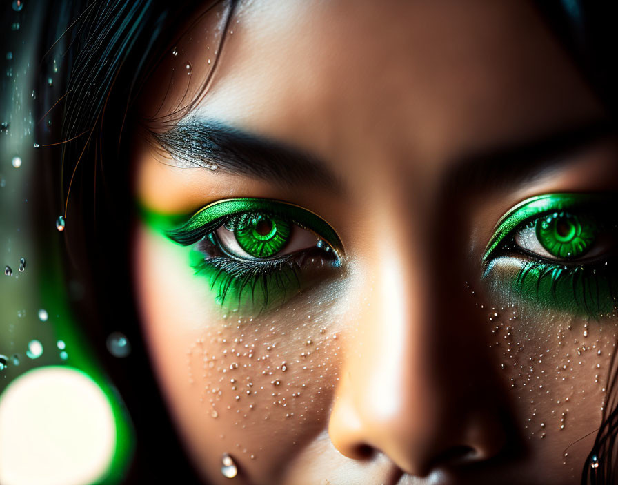 Vivid green eyes close-up with water droplets and bokeh lights