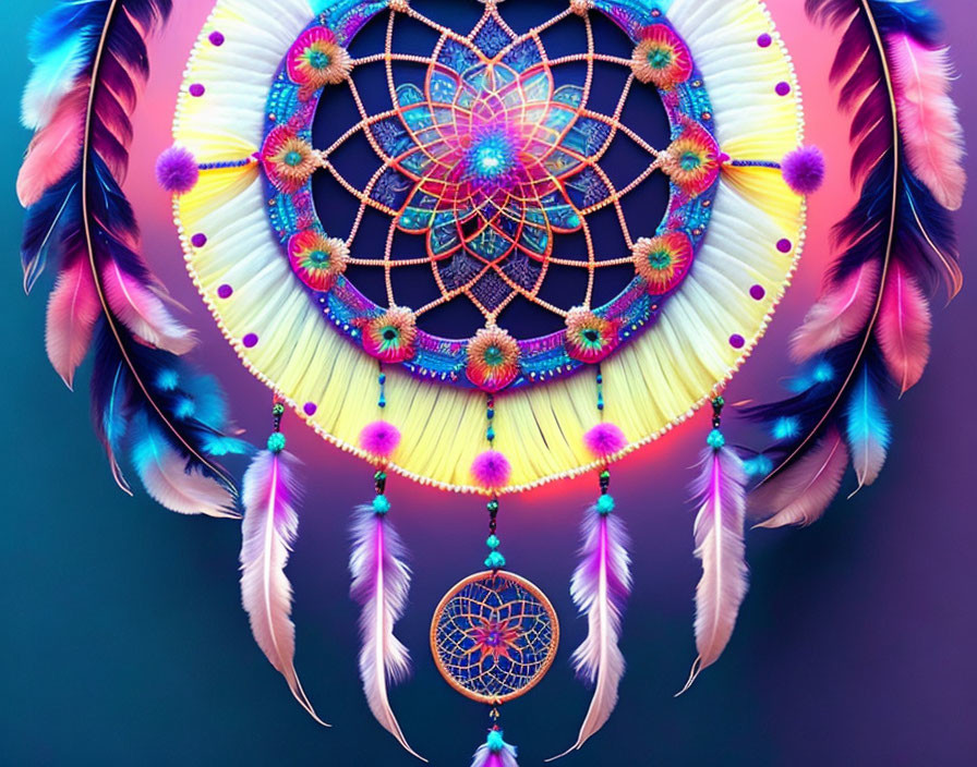 Colorful Dreamcatcher with Feathers and Beads on Gradient Background