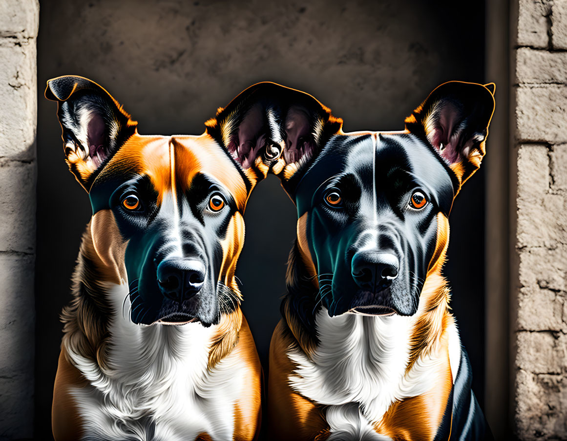 Two dogs with black, brown, and white coats in dramatic lighting