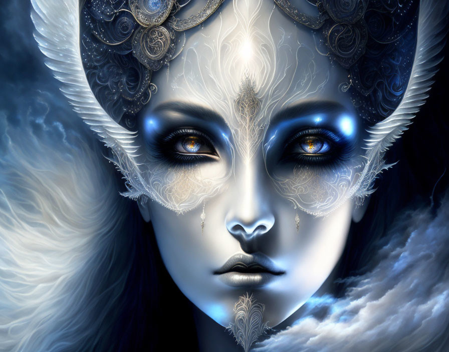 Fantasy artwork of woman with silver headgear, facial tattoos, blue eyes, and ethereal glow