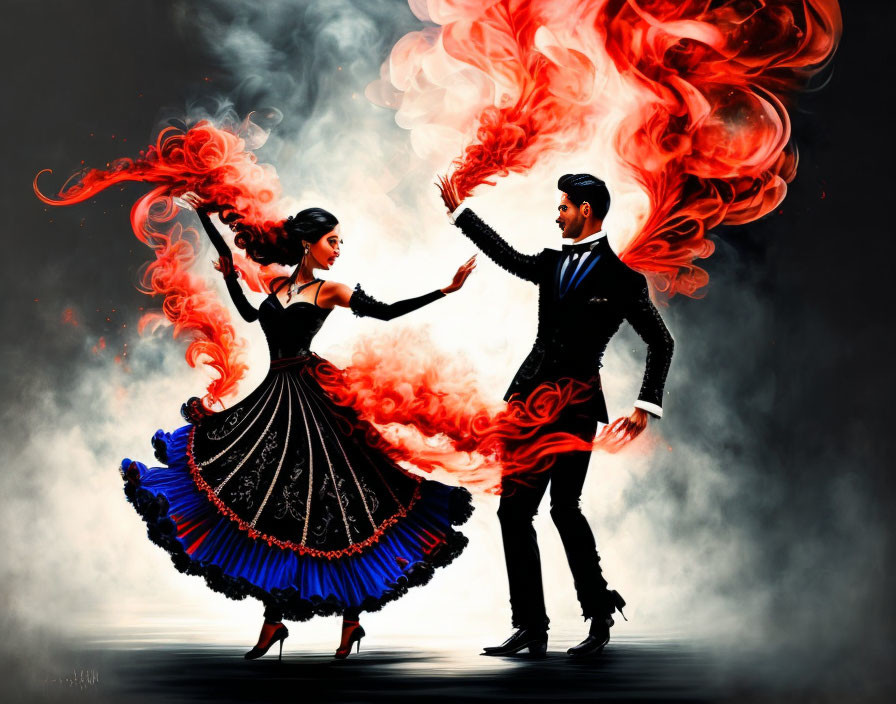 Abstract couple dancing creates red-orange smoke patterns.