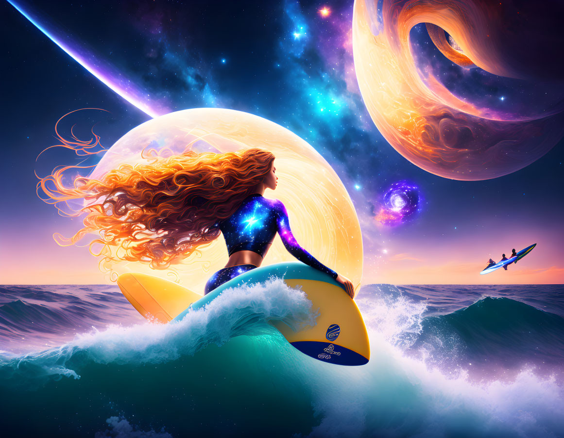 Woman surfing cosmic wave amidst planets, shooting star, and spacecraft