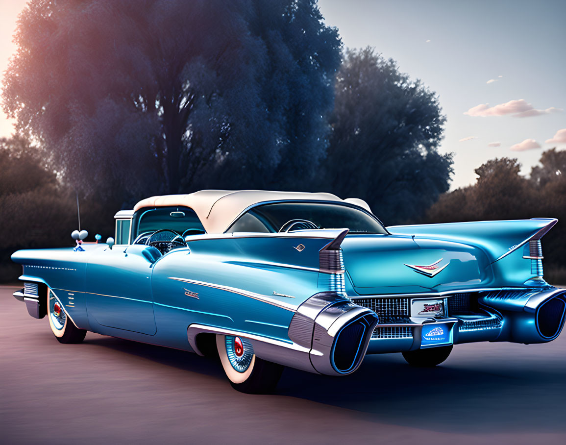 Classic Blue Cadillac Convertible with White-Wall Tires and Tailfins at Dusk