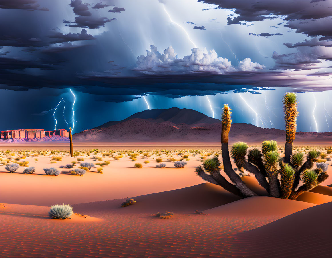 Dramatic desert landscape with towering cactus, storm clouds, and lightning