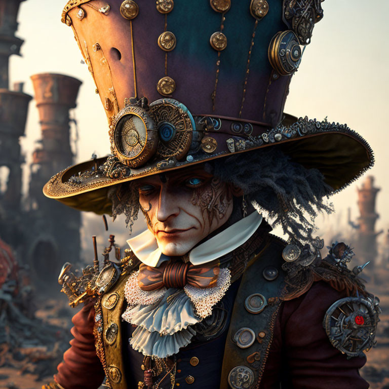 Steampunk character in ornate top hat and period attire