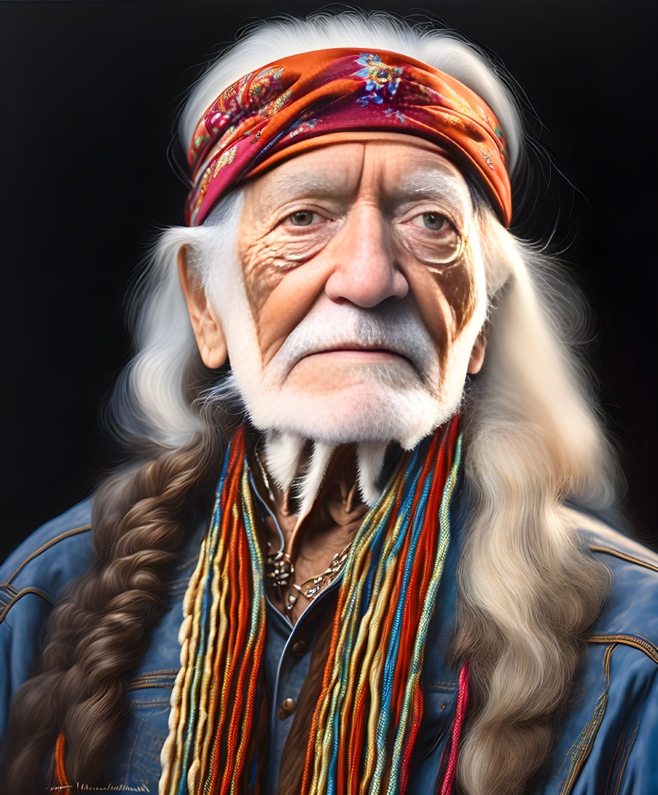 Elderly man with long braided hair in headband and denim jacket on dark background