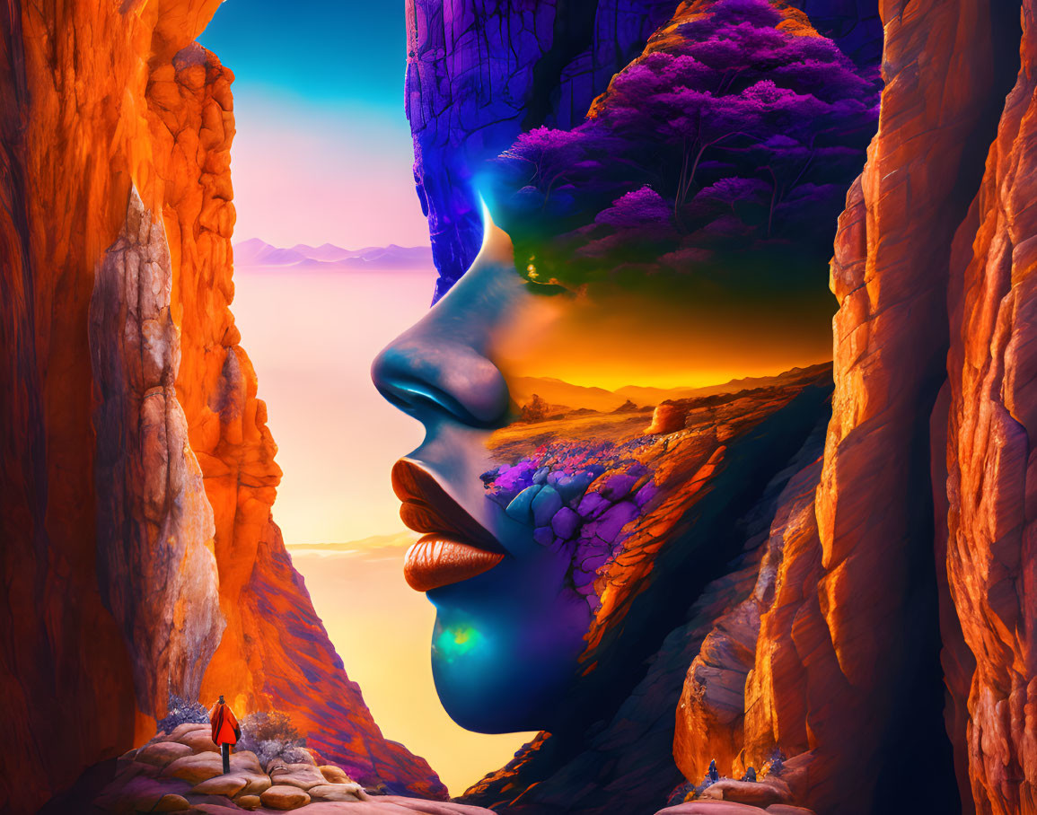 Vibrant surreal landscape with giant face in rocky canyon