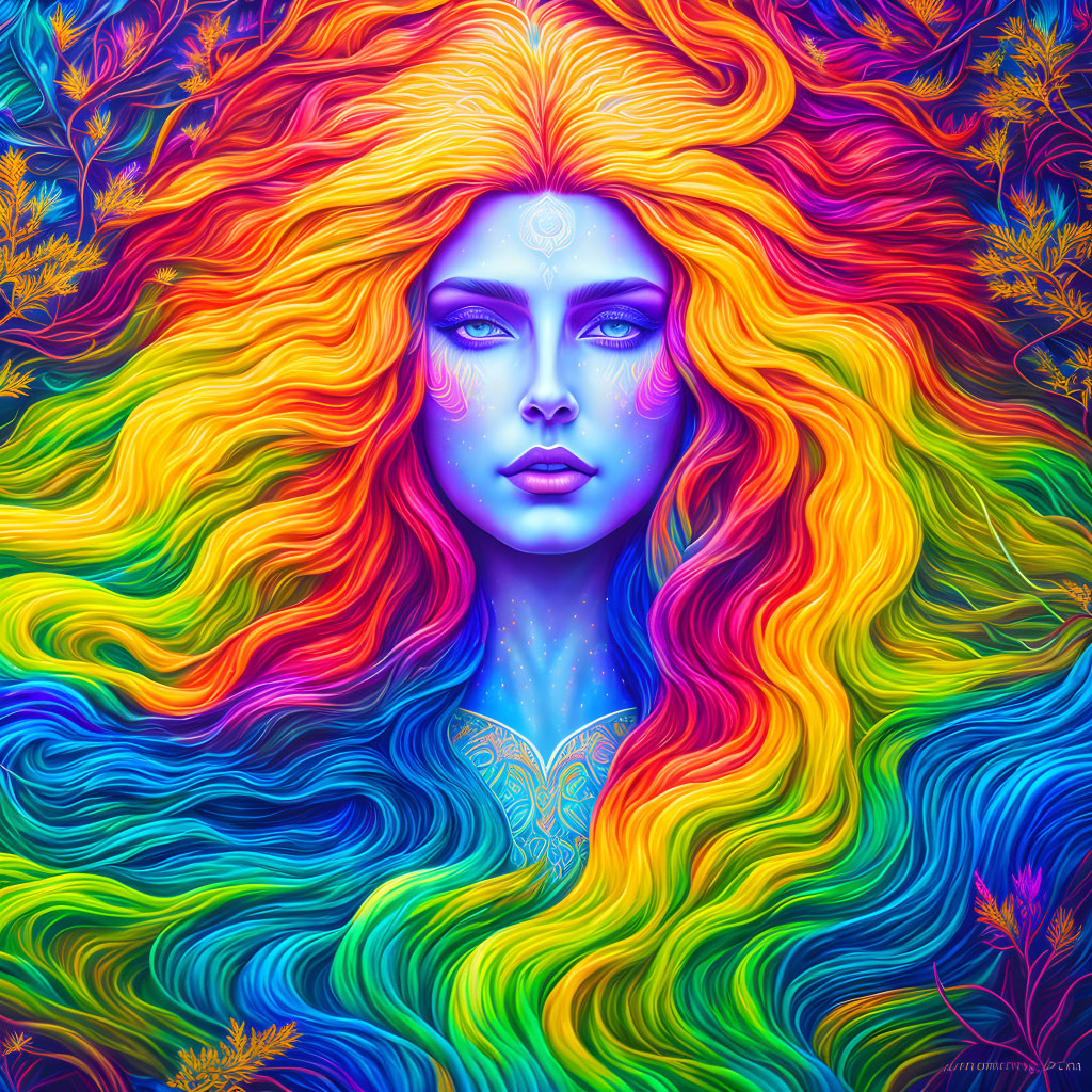 Colorful portrait of a woman with flowing rainbow hair and intricate patterns on a psychedelic background