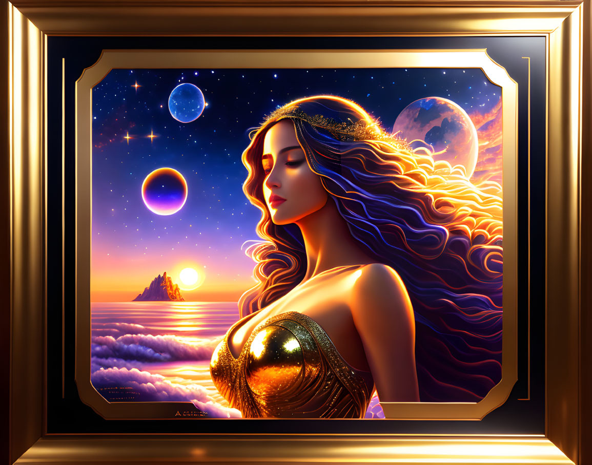 Colorful profile portrait of a woman with flowing hair on cosmic background