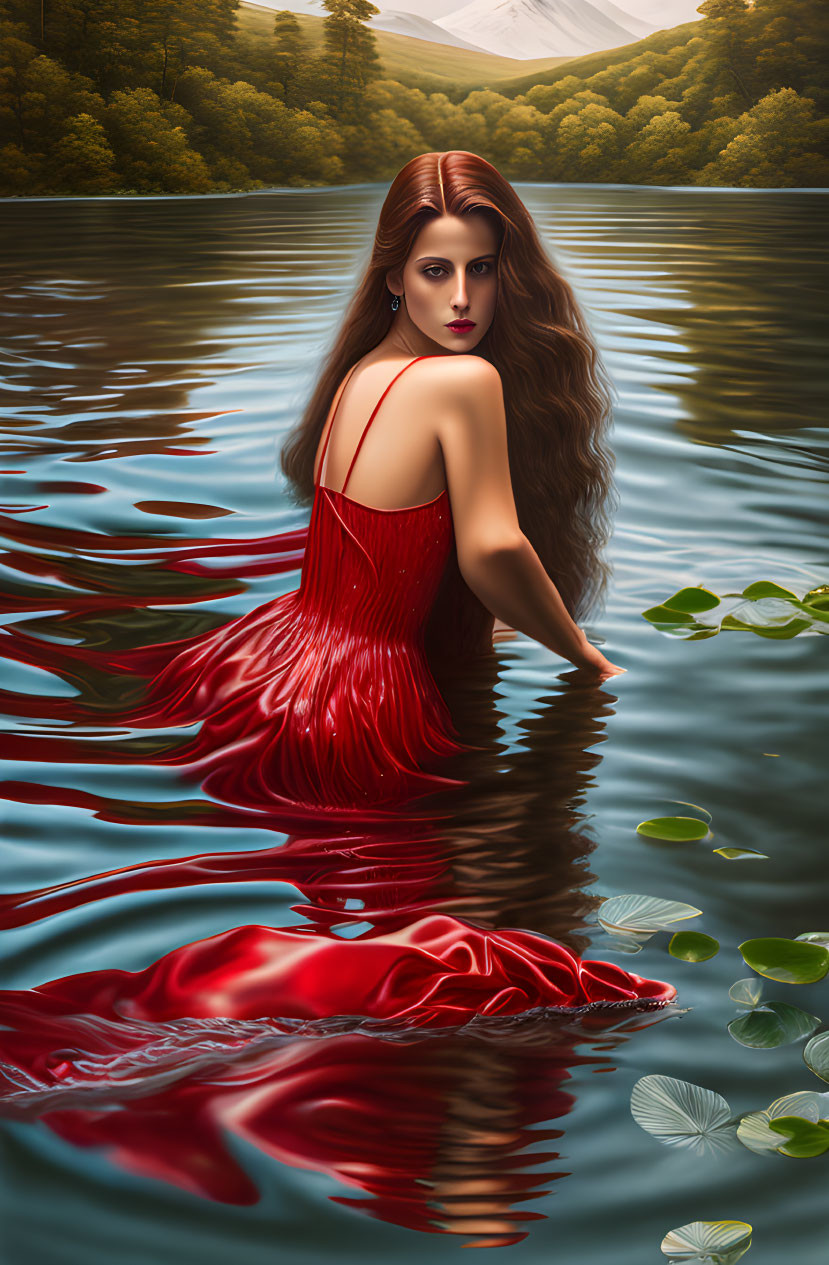 Red-haired woman in flowing dress sitting in serene lake with lily pads.