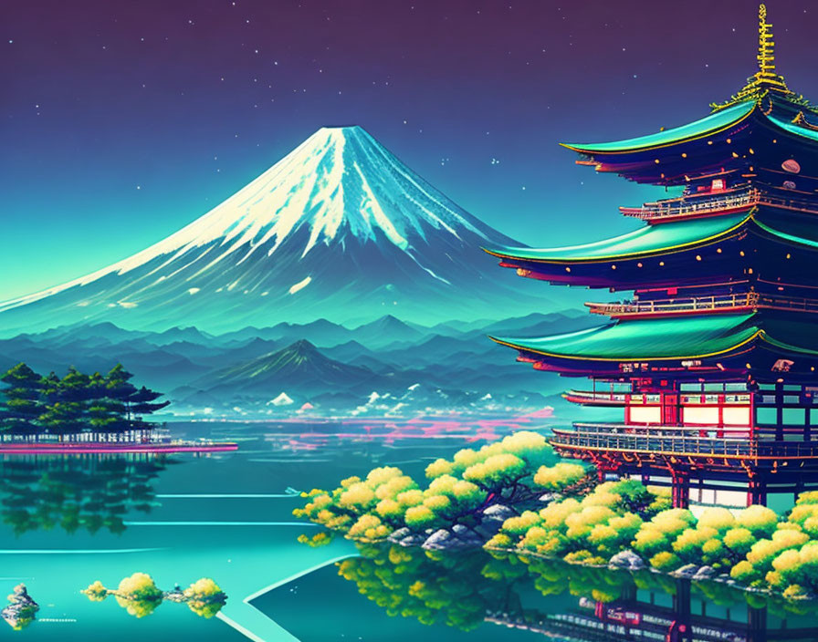 Illustration of Mount Fuji with pagoda, starry sky, and flowering trees