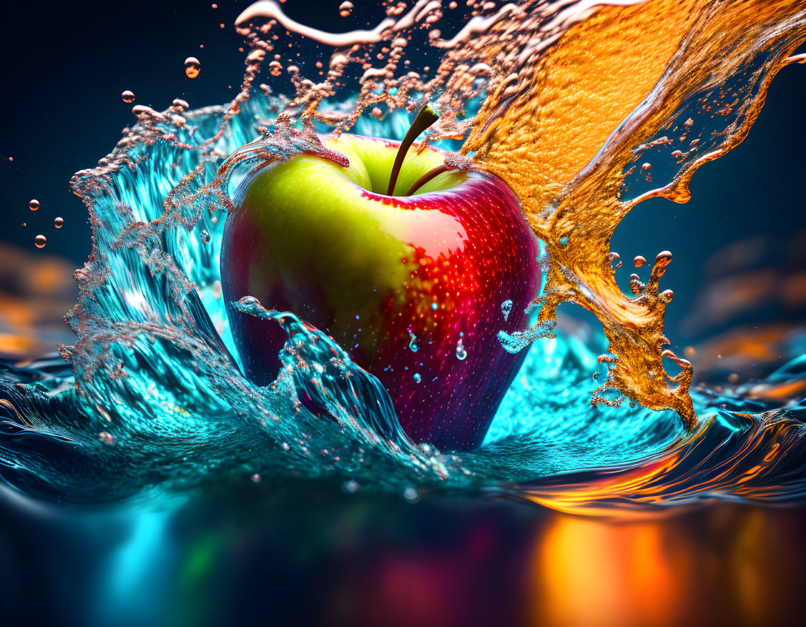 Colorful Red Apple with Water and Orange Splashes on Illuminated Background