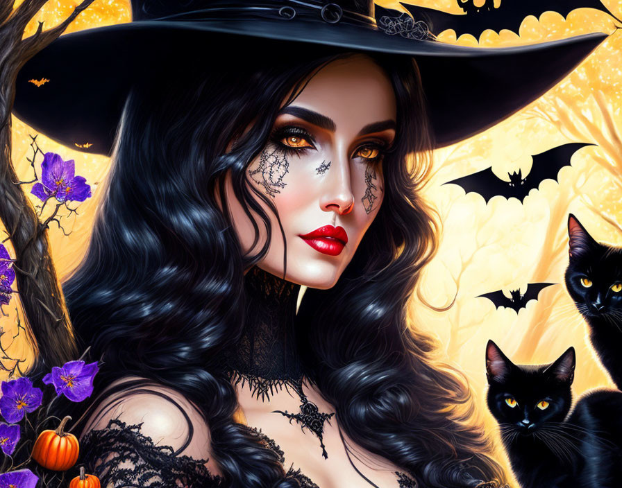 Digital artwork: Woman in witch costume with Halloween elements