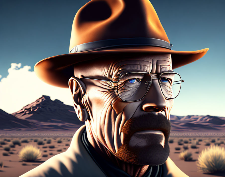 Man with Mustache and Glasses in Hat Desert Landscape Illustration