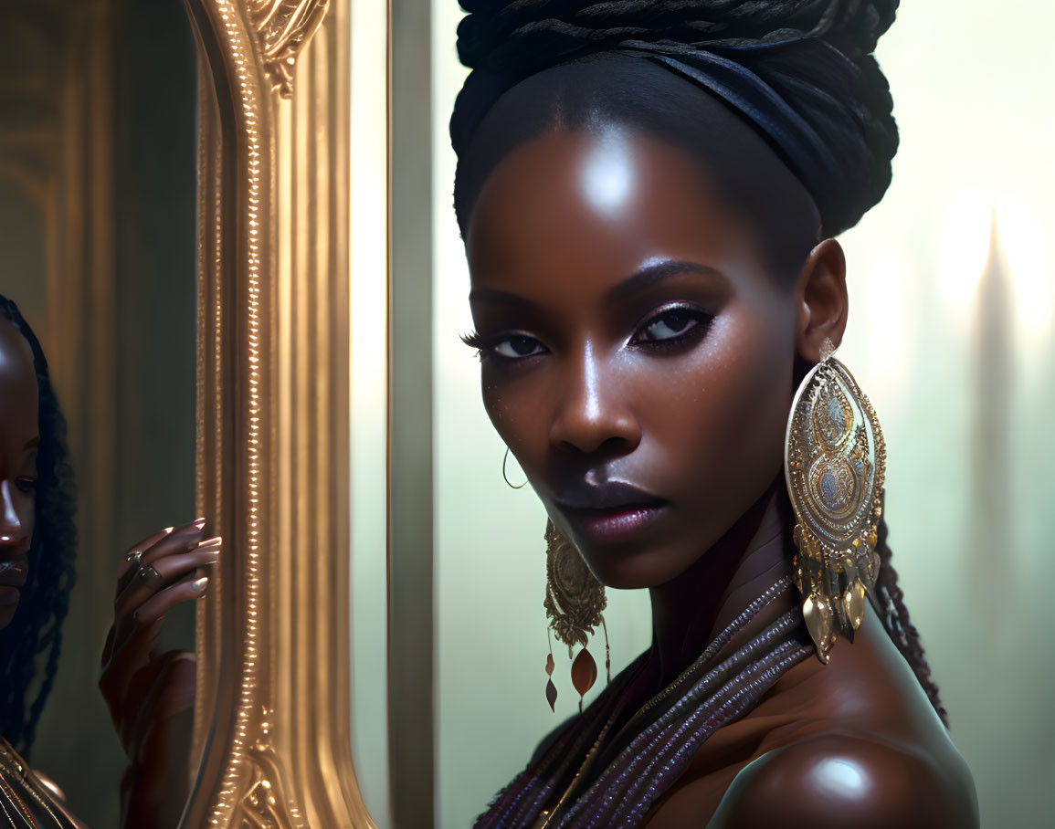 Woman in headwrap and large earrings reflected in ornate mirror exudes elegance.