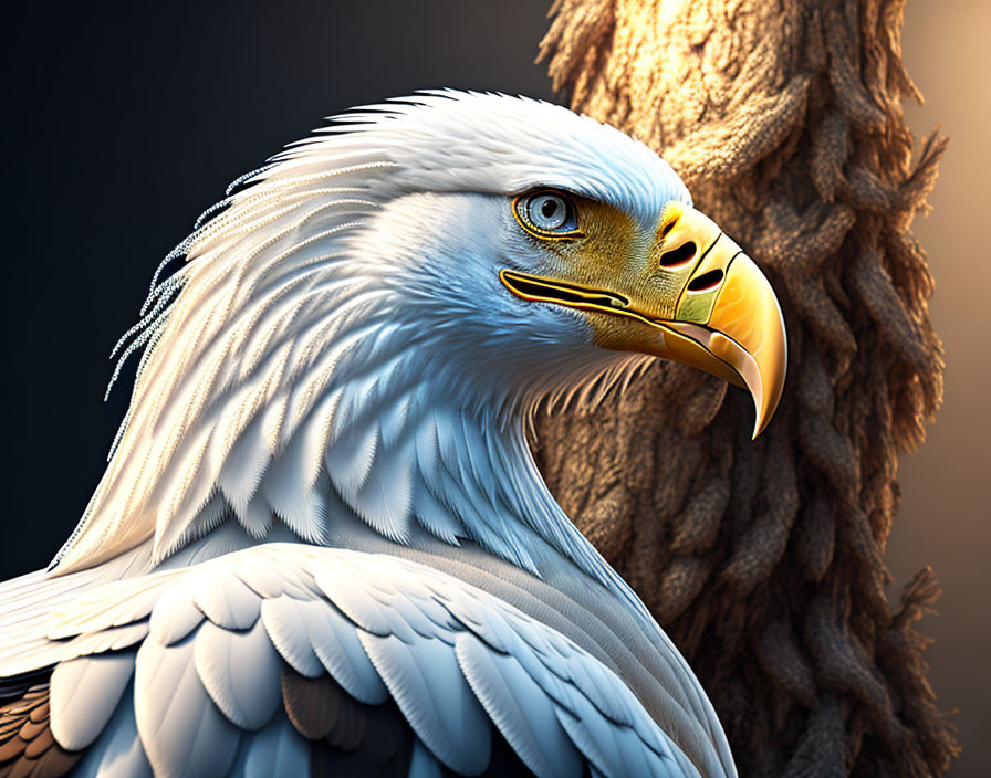 Detailed close-up of bald eagle with sharp beak and yellow eye on shadowy background