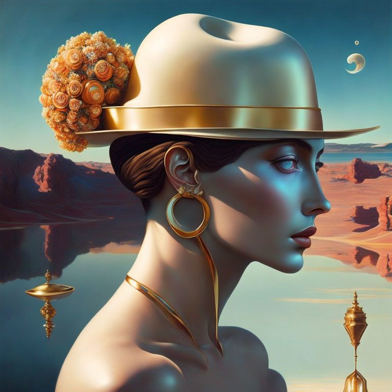 Surreal portrait of woman with blue-tinted skin and golden accessories in desert landscape