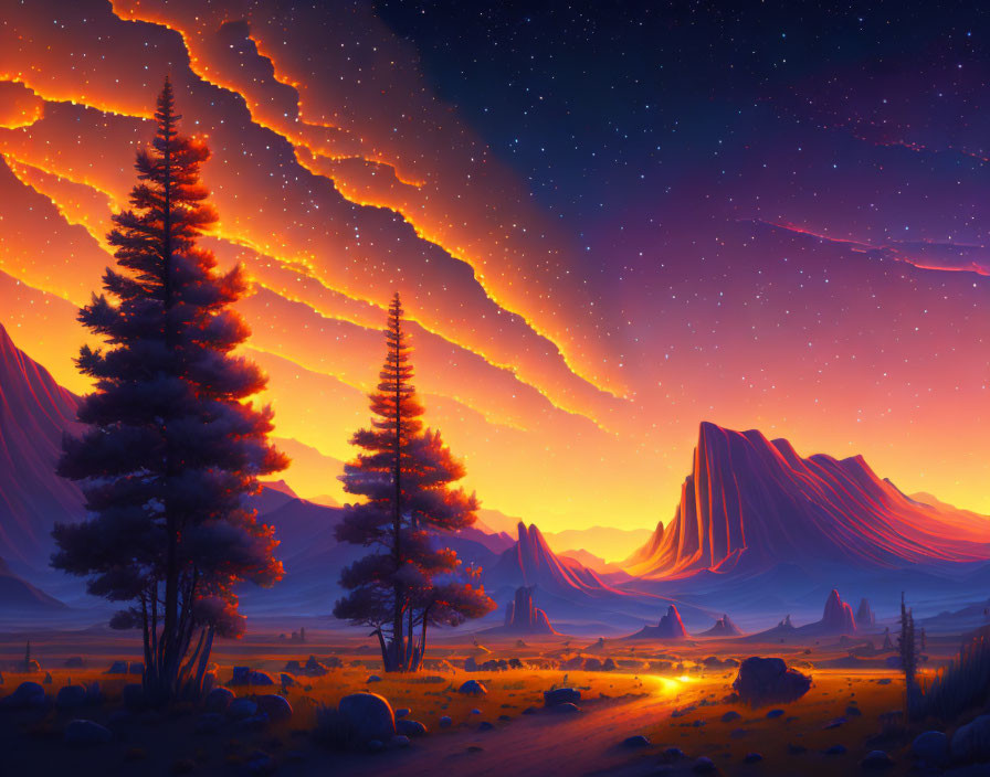 Mountain Silhouettes with Fiery Clouds and Starry Night Sky