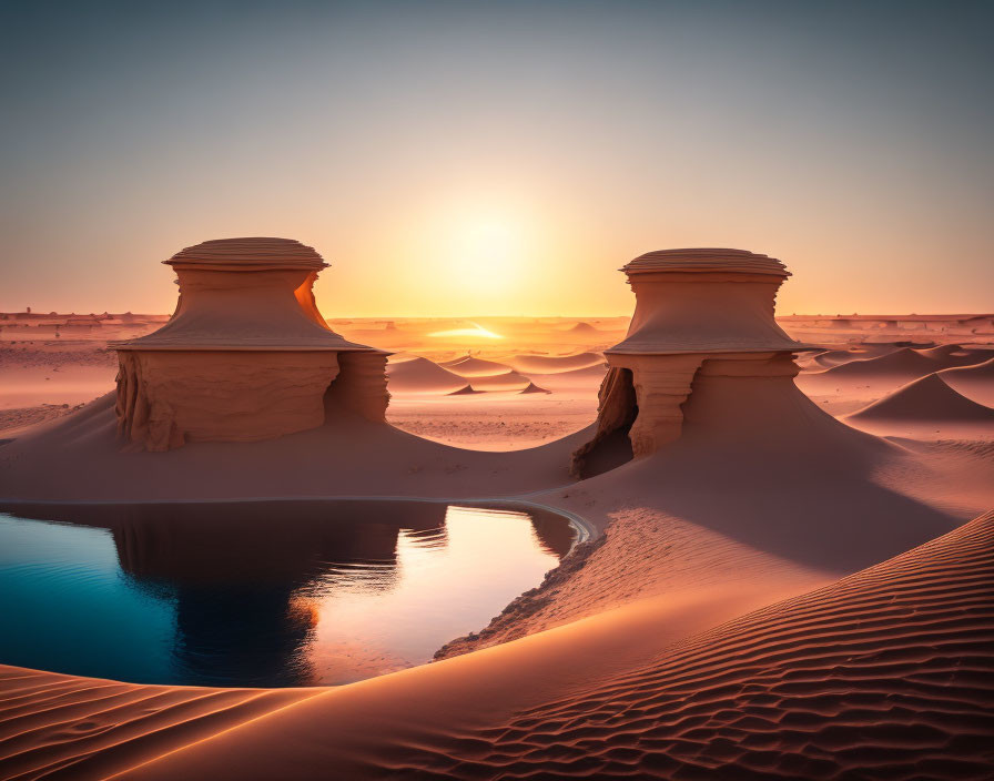 Tranquil desert sunrise with rock formations and oasis reflections