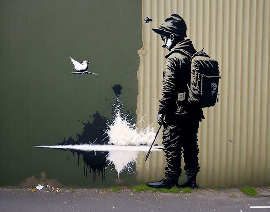 Stencil graffiti of man cleaning wall transforms into birds