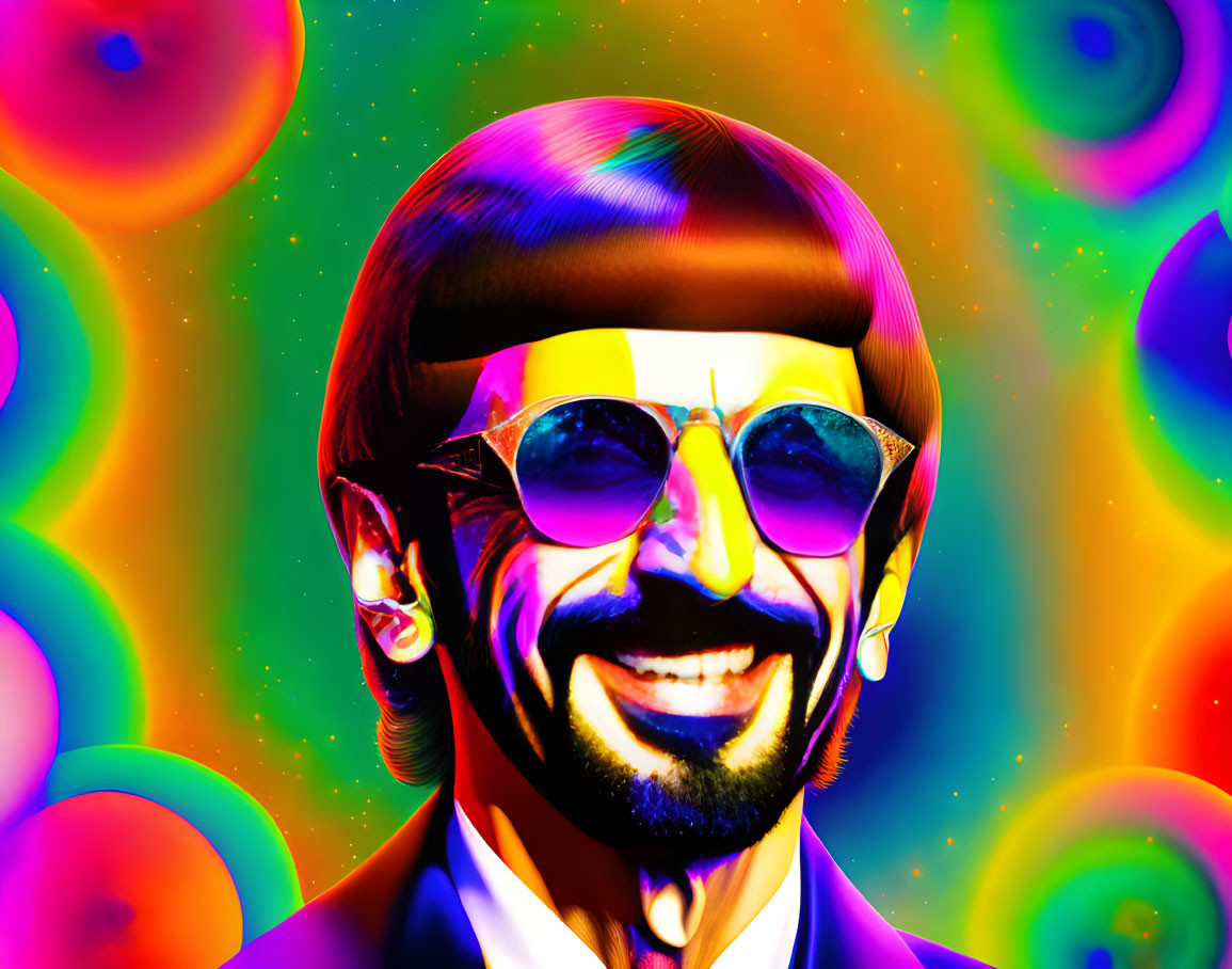 Bearded man in sunglasses smiling on colorful bubbly background