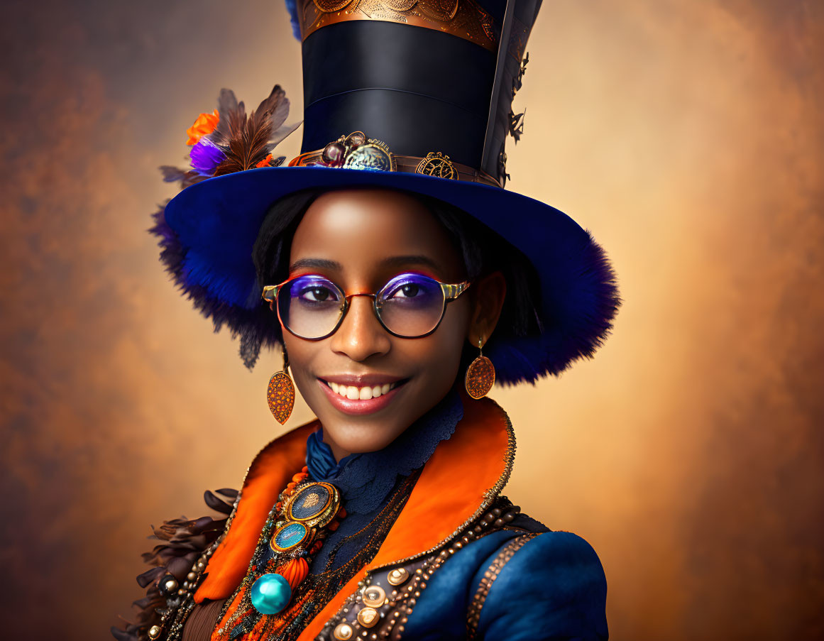 Colorful Steampunk Outfit with Top Hat and Circular Glasses