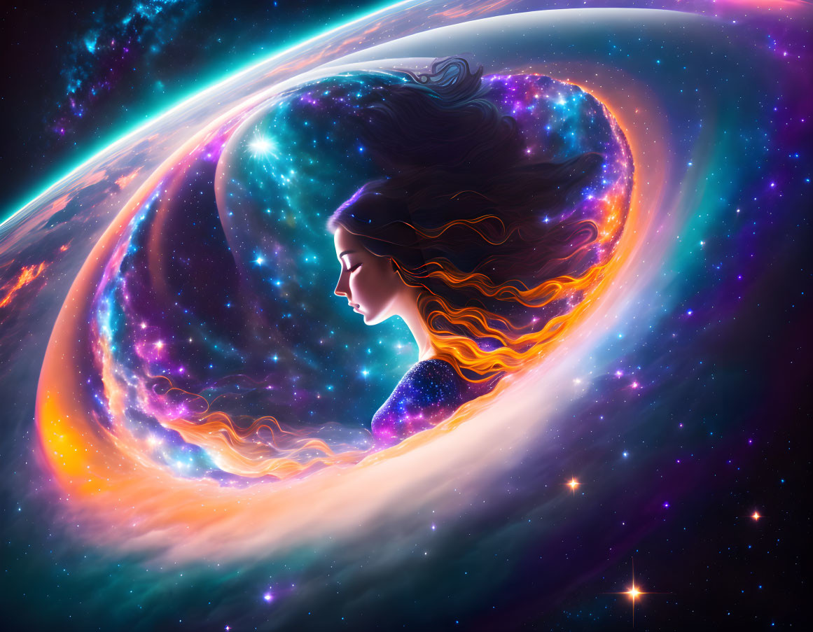 Celestial woman with flowing hair surrounded by stars and cosmic swirl