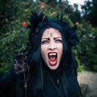 Gothic fantasy art: fierce woman in black attire with red eyes and fangs, looming figure